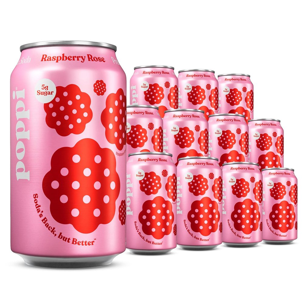 Broadway Candy Poppi Sparkling Prebiotic Soda Raspberry Rose 12 fl oz Pack of 12 - Delicious Soft Drink with Real Juice, Apple Cider & Sparkling Water - Prebiotics for Gut Health Natural Drink