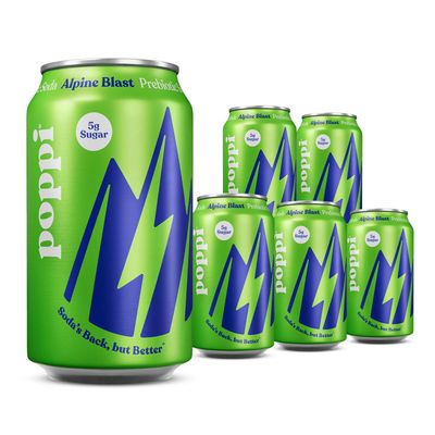 Broadway Candy Poppi Sparkling Prebiotic Soda Alpine Blast 12 fl oz Pack of 6 Naturally Caffeinated Drink with Prebiotics for Gut Health, Apple Cider Vinegar & Fibre 55mg Natural Caffeine