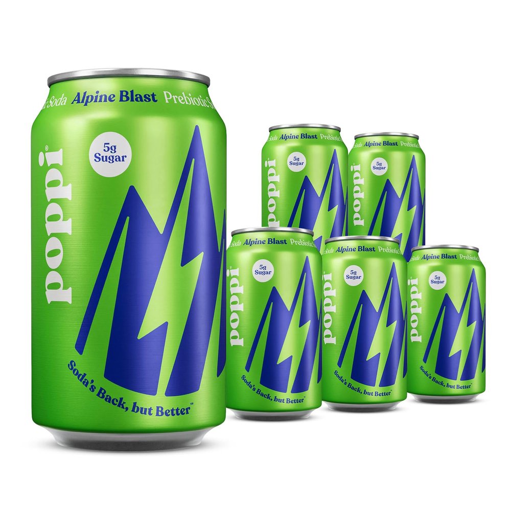 Broadway Candy Poppi Sparkling Prebiotic Soda Alpine Blast 12 fl oz Pack of 6 Naturally Caffeinated Drink with Prebiotics for Gut Health, Apple Cider Vinegar & Fibre 55mg Natural Caffeine