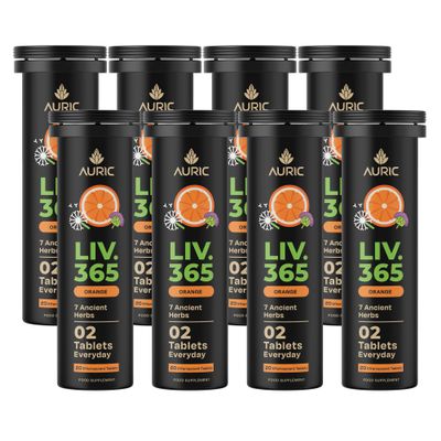 Auric Liv.365 Supplement 160 Tablets Orange Flavour Effervescent Fizzy Water with 10 Ayurvedic Herbs Drop, Dissolve, Fizz, Drink