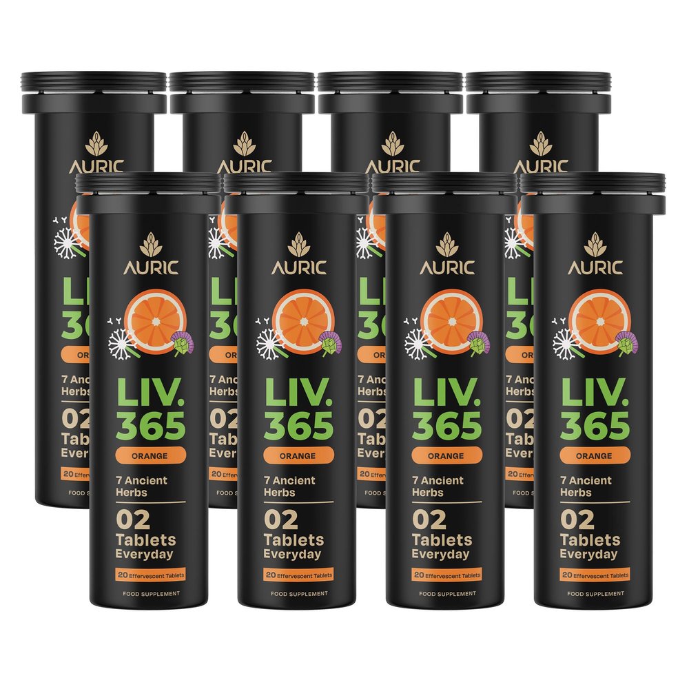 Auric Liv.365 Supplement 160 Tablets Orange Flavour Effervescent Fizzy Water with 10 Ayurvedic Herbs Drop, Dissolve, Fizz, Drink