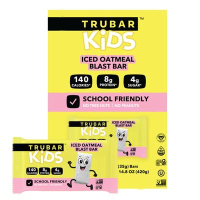 TRUBAR Kids Protein Bars, Iced Oatmeal Blast, Plant Based Protein, Gluten Free School-Friendly Snacks for Lunchboxes, Tree Nut and Peanut Free, Low Sugar, Healthy On the Go Snack Bars, 12 Count