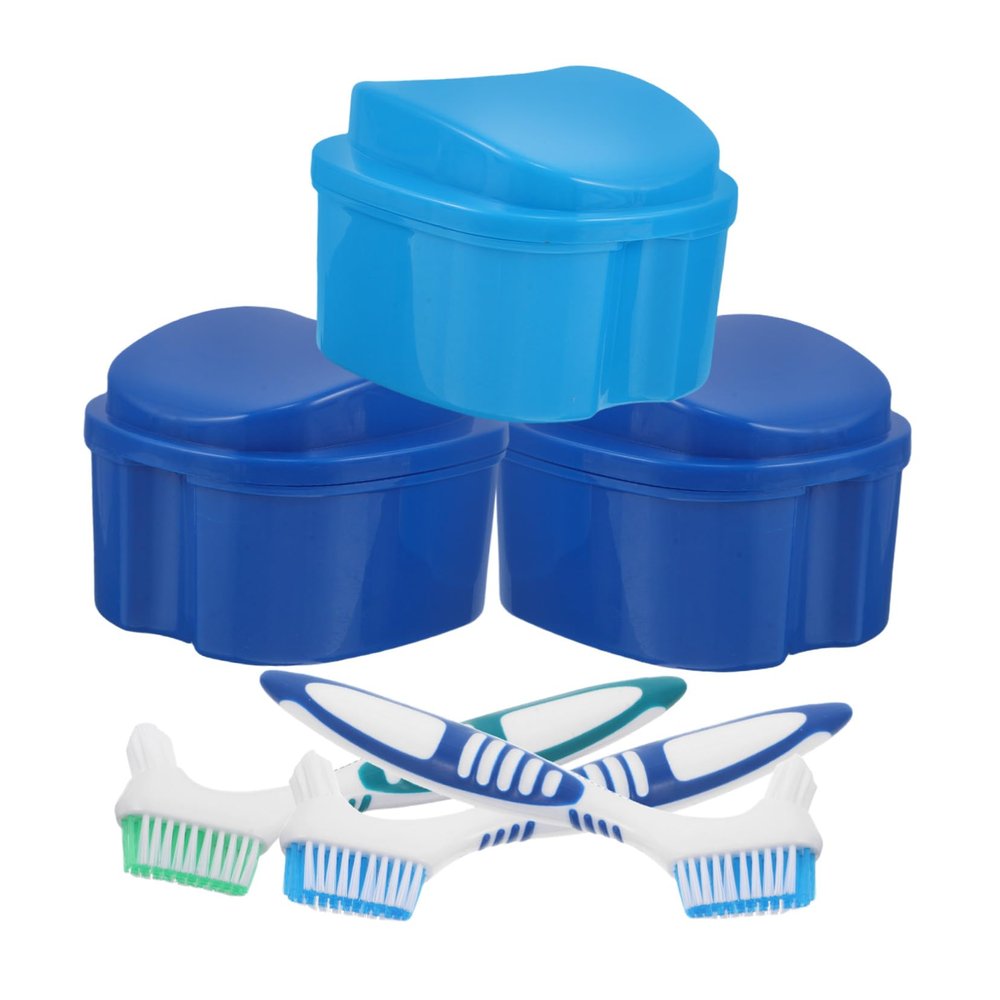 Abaodam Denture Cleaning Kit 6pcs Set with -Shaped Soaking Boxes and Brushes, False Teeth Storage Organizer with Soaking Cups for Travel and Daily Oral Care