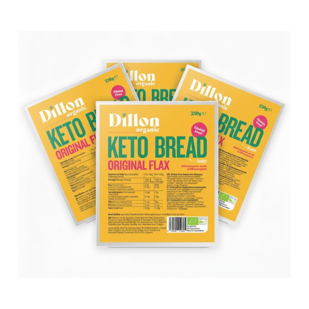 Dillon Organic Original Flax Keto Bread | Gluten-Free, Vegan, Low Sugar, High Fibre, Diabetic-Friendly, UPF Free - Unsliced, 250g (Pack of 4)