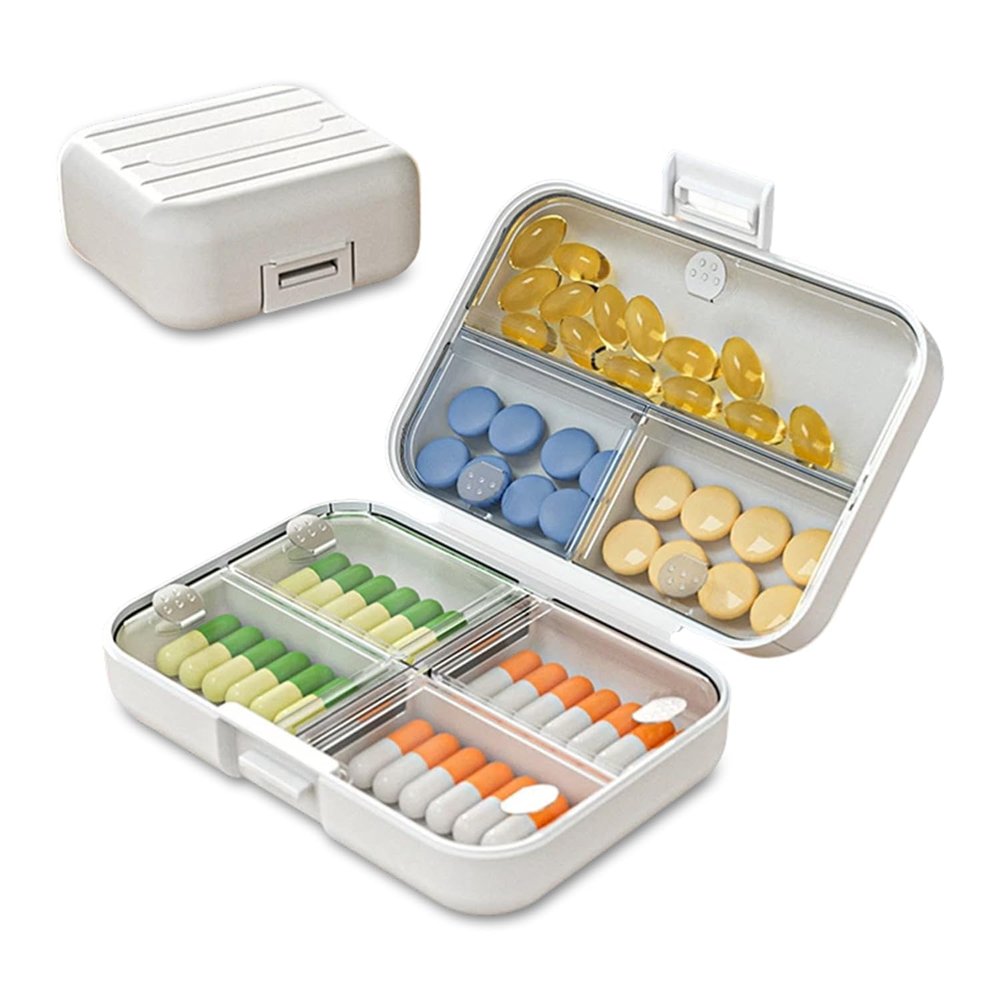 Pill Organizer,6 Compartment Pill Box, Portable Pill Box with 7 Compartments, BPA-Free Plastic Travel Pill Box, Compact Medicine Pill Case for Vitamins & Supplements, Large Capacity, Lightweight