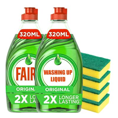 Faaiiry Original Washing Up Liquid 320ML 2 Pack Green with 4 x Scourer Sponges - for Kitchen Grease Cutting Dishwasher Liquid Cleaning with Long-Lasting Fresh Scent - Gentle on Hands
