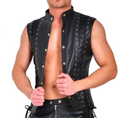 Black,XL,Men's PU Leather Sexy Casual Single-Breasted Cardigan Skinny Leather Vest DS Nightclub Stage Costume
