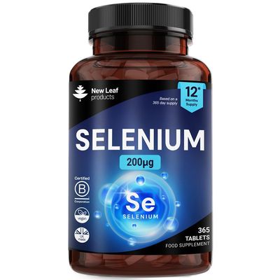 Selenium Tablets - 365 Vegan Selenium Tablets 200g Per Serving - Supports Normal Immune System & Thyroid Function - 12 Month Supply Made in The UK By New Leaf