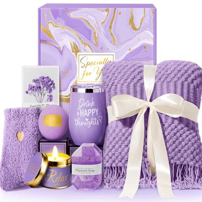 Christmas Gifts for Women, Self Care Get Well Soon Gifts, Lavender Relaxing Spa Gift Basket Care Package w/Blanket, Mothers Day Valentines Birthday Gifts for Mom Grandma Wife Girlfriend Sister Friends