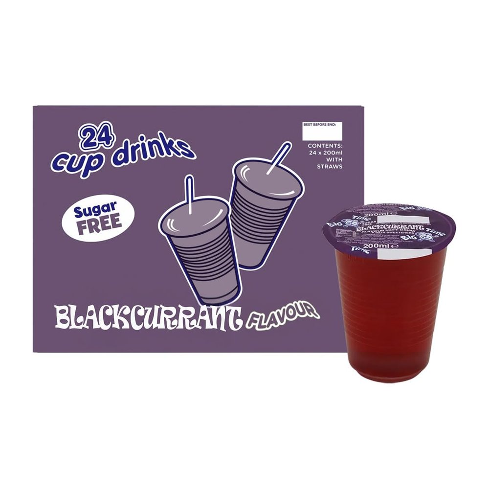 Sugar Free Big Time Flavoured Cup Drinks 24 x 200ml, Assorted Fruit Flavours, Kids Juice Cups with Paper Straws, School Lunch & Picnic Drinks, Ready to Drink (Blackcurrant)