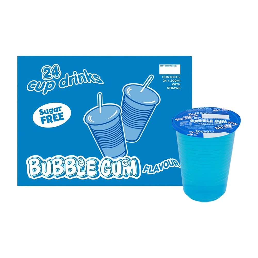 Sugar Free Big Time Flavoured Cup Drinks 24 x 200ml, Assorted Fruit Flavours, Kids Juice Cups with Paper Straws, School Lunch & Picnic Drinks, Ready to Drink (Bubblegum)