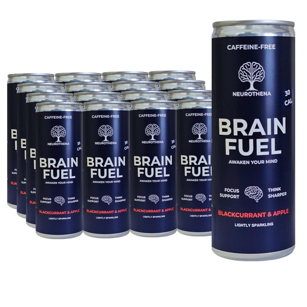 Neurothena Caffeine-Free Brain Fuel Nootropic Drink | Blackcurrant & Apple 12 Cans | Support Focus, Mental Clarity & Cognitive Performance | Lions Mane, Ginseng, Zynamite & Vitamins, Magnesium & Zinc