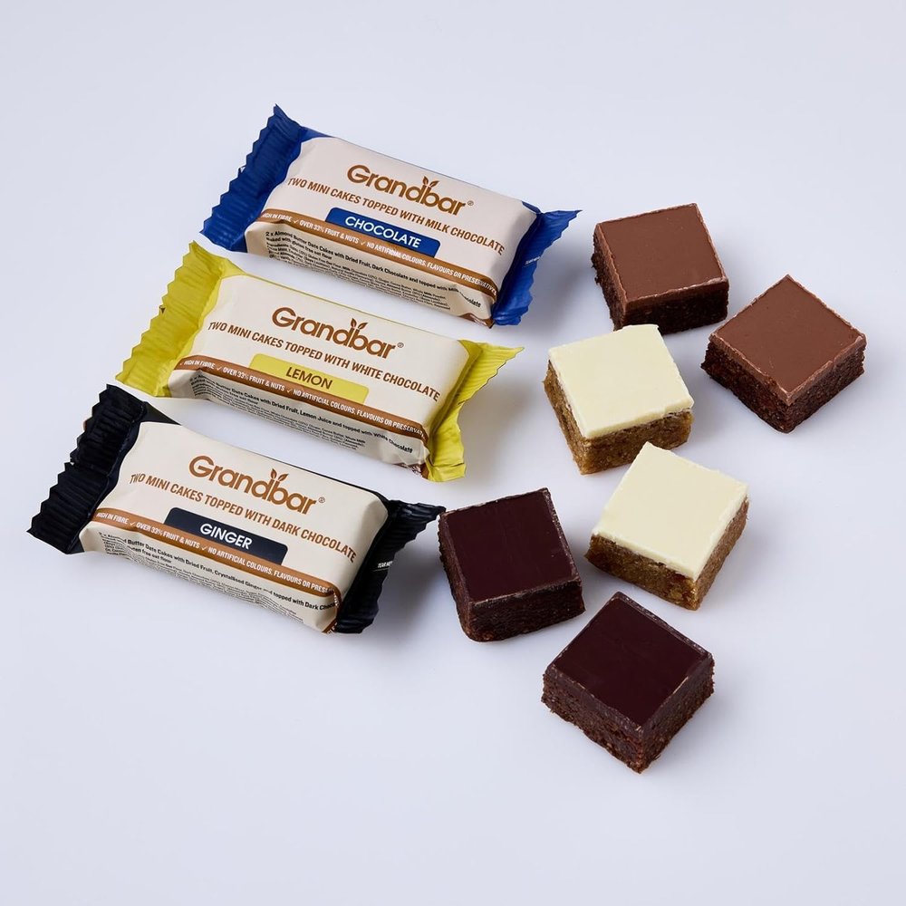 Grandbar Mini Cakes, 50g, 3-Count box, 3 flavours - Chocolate - Lemon - Ginger. High in Fibre, over 33% fruit and nuts - no artificial colours flavours or preservatives, suitable for the Elderly
