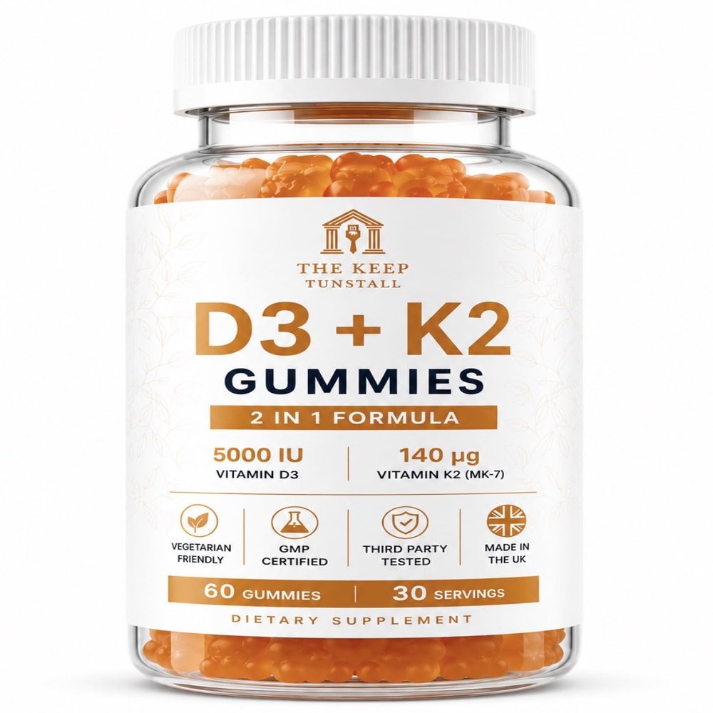 Vitamin D3 + K2 Gummies Supports Bone Health, Immune System and Muscle Health 2-in-1 Formula for Bone, Heart & Immune Support Vegan, Sugar-Free, Gluten-Free 60 Gummies - 30 Day Supply