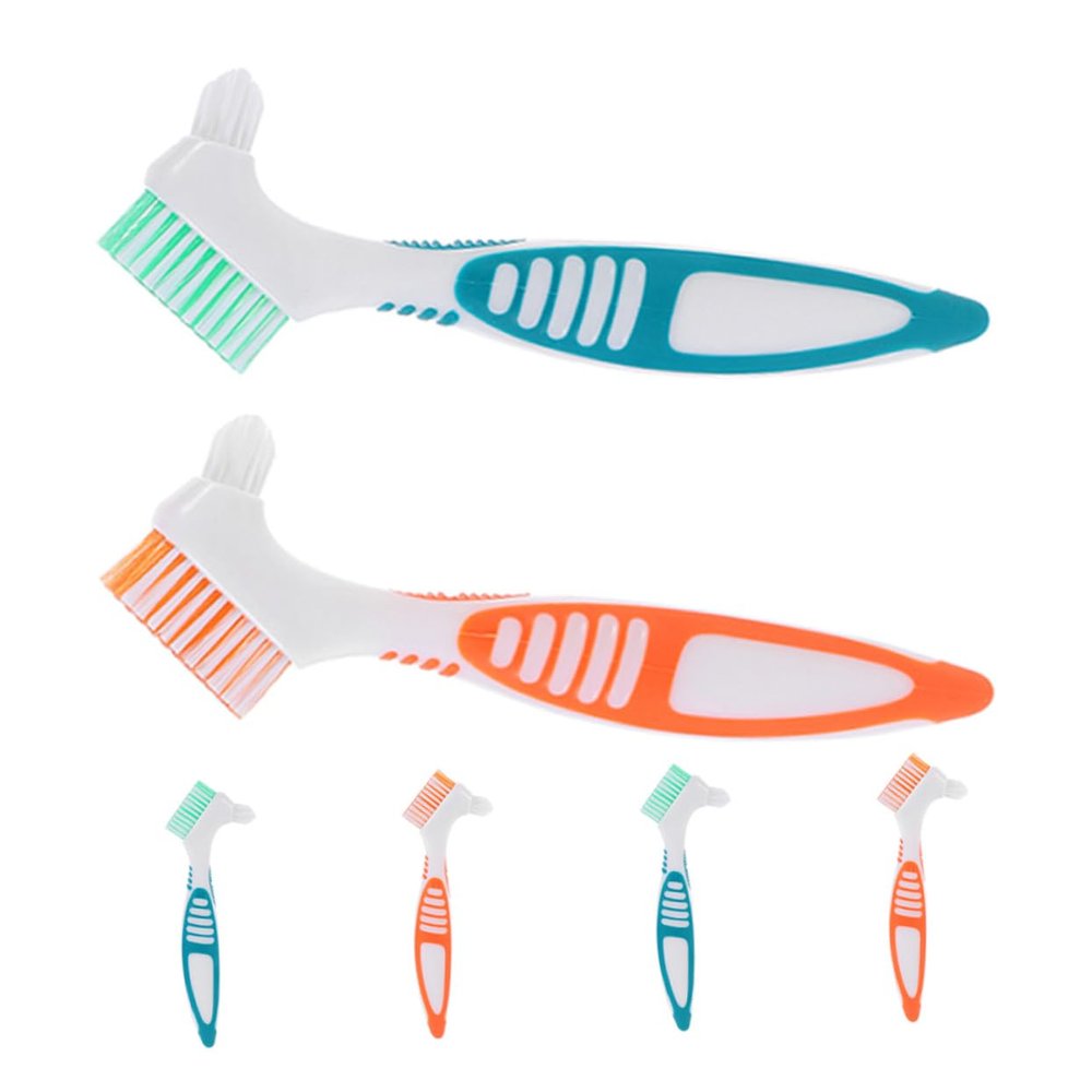 BELLIFFY 6pcs Denture Cleaning Brushes Dual Head Hard Bristle Toothbrush for False Teeth Care with Anti-Slip Handle Portable Retainer Scrubber for Elderly Oral Hygiene and Travel Use