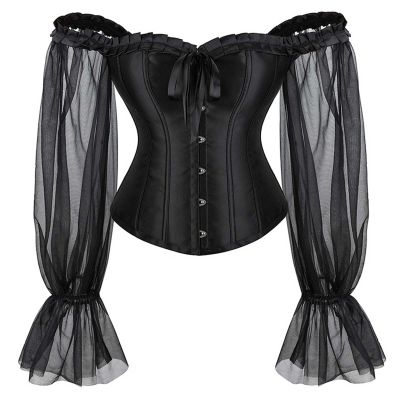 Generisch Women's Carmen Corset with Transparent Puff Sleeves - Black Gothic Lace Up Top | Bodycon Corset for an Elegant Appearance, style_e01 black, M
