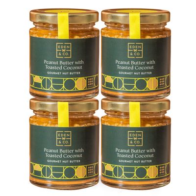 Luxury Peanut Butter with Toasted Coconut, Crunchy Gourmet Nut Butter, Vegan and Gluten Free, No Palm Oil, Natural Protein Source, 4 x 180g Jars by EDEN & CO.