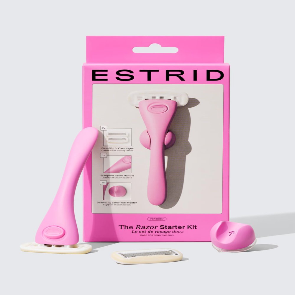 Estrid razor starter set, women's razor set with 5 blades system, vegan moisture strips, 2 replacement blades, wall mount (Guava)