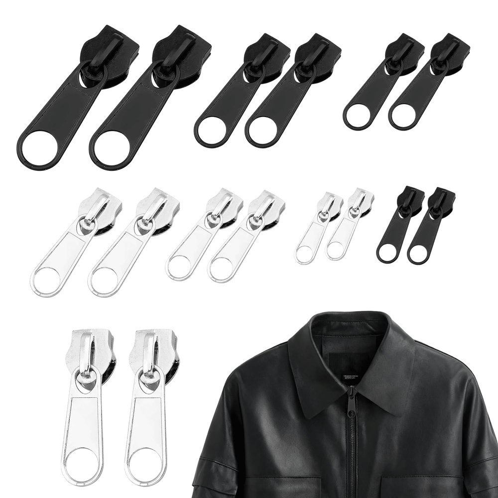 16Pcs Zipper Repair Kit 4 Sizes 3#5#8#10#, Zinc Alloy Zip Slider Replacement, Detachable Zip Repair Set, Eazy to Install Zippers Replacement for Luggage Coats Backpacks Jeans (Black, Silver)
