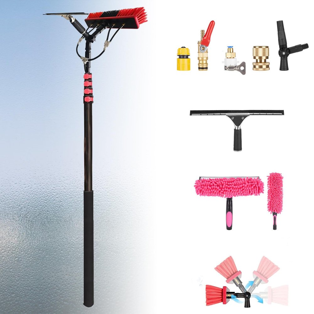 GwlThixion Water Fed Pole Kit, Window Cleaning Poles, 12FT-35FT Aluminum Outdoor Window Cleaner, Extendable Telescopic Pole Water Fed Brush Spray Washer for Window Glass 9.2M-55CM