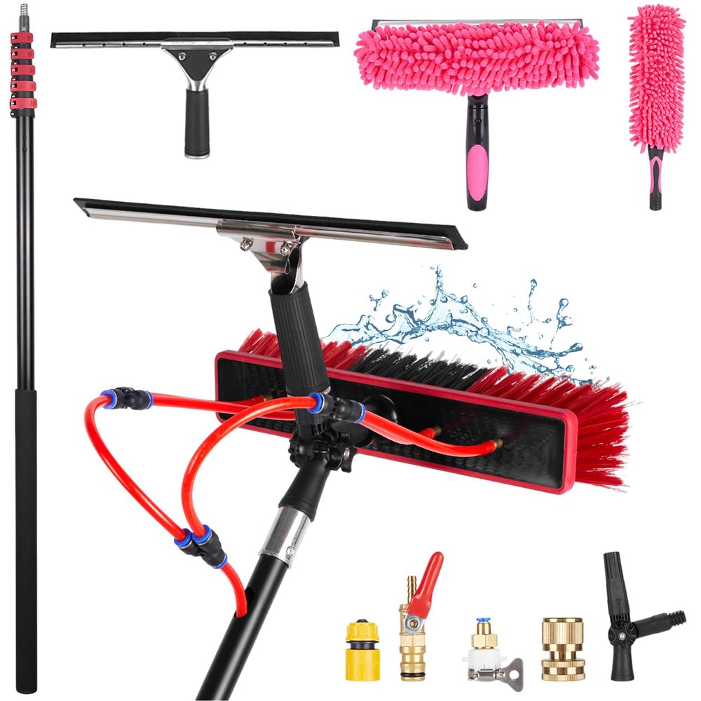 Water-Fed Window Cleaning Kit: 3.6-10.8m Telescoping Pole, Cobweb Duster, Squeegee, Soap Dispenser & 55cm Brush - Ideal for Solar Panels, Roofs & Cars