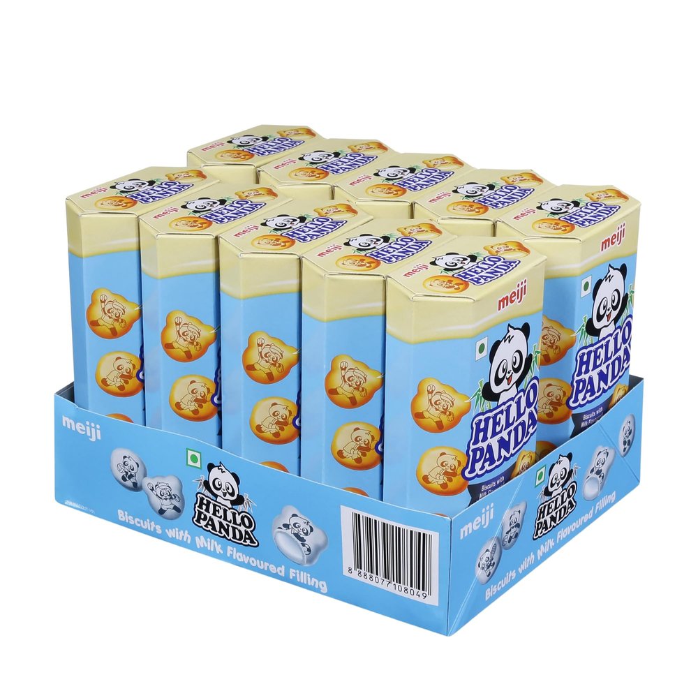 Meiji Hello Panda Milk 50g x 10 - Fun Filled Chocolate Cream Biscuits Snack Pack, Japanese Biscuits, Sweet Treats for Kids & Adults