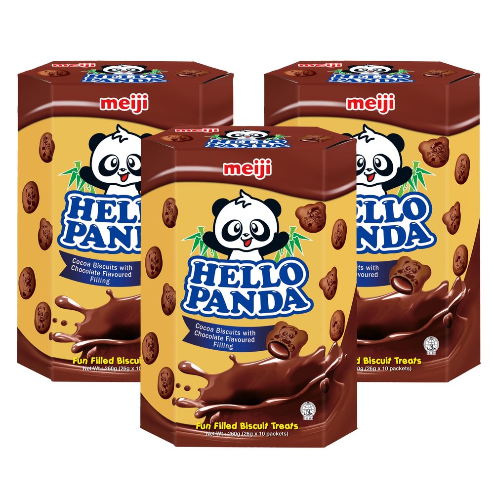 Meiji Hello Panda Double Chocolate Biscuits 260g x 3 Packs Fun, Crunchy Biscuits Filled with Smooth Chocolate Cream