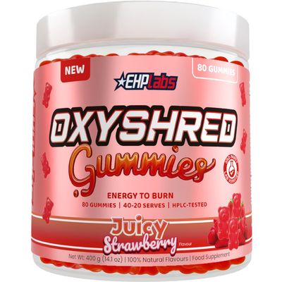 EHP Labs OxyShred Gummies - Pre Workout Gummies & Energy Chews with Caffeine (100mg) and L-Carnitine - Metabolism Support, All Natural Energy Boost - Strawberry Flavour - 40 Serves.