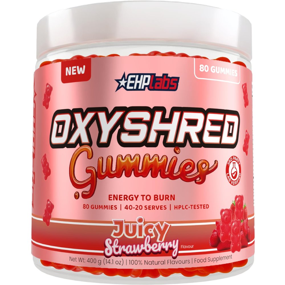 EHP Labs OxyShred Gummies - Pre Workout Gummies & Energy Chews with Caffeine (100mg) and L-Carnitine - Metabolism Support, All Natural Energy Boost - Strawberry Flavour - 40 Serves.