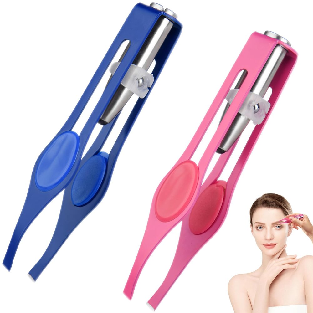 2-Pack LED Illuminated Tweezers, Premium Stainless Steel Slant Tip Facial Hair Remover with Light for Eyebrows & Eyelashes - Wide Grip Handle for Women & Men