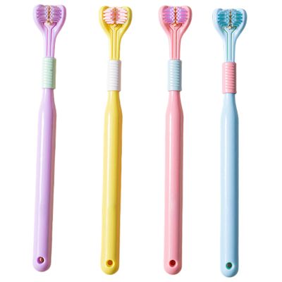 3 Sided Toothbrush 4Pcs Soft Bristle Surround Adult Toothbrush with Tongue Cleaner Multi-Angle Effective Cleaning, Random Color.