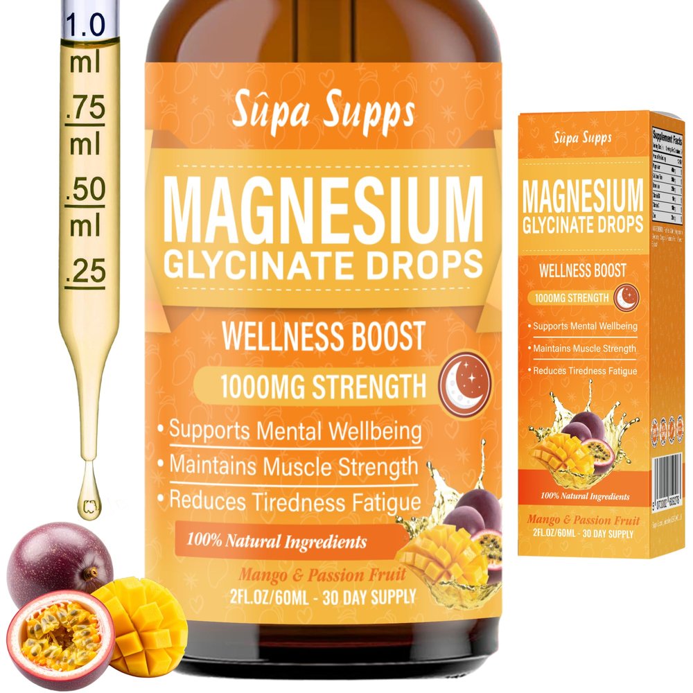Magnesium Glycinate Liquid 60ml - Mango & Passion Fruit Flavour | Supa Supps Magnesium Glycinate 3-in-1 Complex | Fast Absorption | Premium Pure Formula, Easy-to-Take Supplement for Daily Balance
