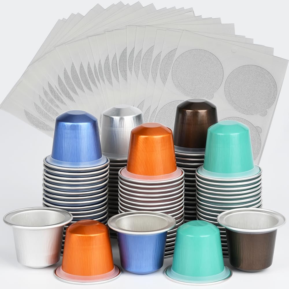 100pcs Disposable Fillable Empty Aluminum Foil Capsules Coffee Pods Set,Make Your Own Espresso Coffee Cups Pod & Seals Sticker Lids Kit Compatible for Nespresso OriginalLine Machine(100 Pods+100 Lids)