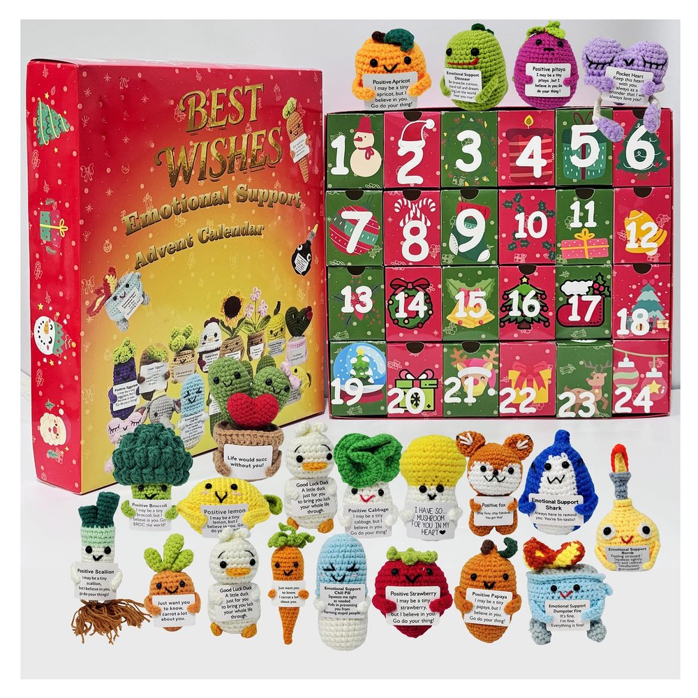 24 Days Countdown Christmas Box: 24Pcs Handmade Crochet Vegetables/Fruits/Animals with Positive Quotes,Emotional Support Advent Calendar 2025,Christmas Gifts,Countdown Gift Boxes,Gift for her