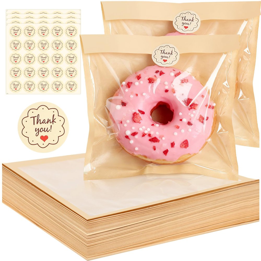 100PCS Bakery Bags with Window, 7.1 x 7.5 IN Individual Cookie Bags with Seal, Brown Cookie Packaging, Heat Sealable & Grease Resistant Paper Pastry Bags for Baked Goods Bagel Donut Sandwich Bread