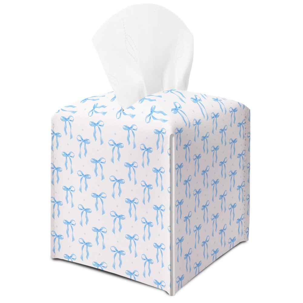 Blue Ribbon Bow Tissue Box Cover, Square Tissue Box Cover Leather Tissues Holder, Facial Paper Organizer Dispenser for Home Bathroom Office Bedroom Tabletop Decor -21
