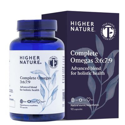 Higher Nature Complete Omegas 3:6:7:9 - True Food Formula - Fish Oils with Borage Oil & Virgin Olive Oil - Supports Vision, Brain Function & Cardio Health - Omega 3 6 7 9 Fatty Acids - 90 Capsules