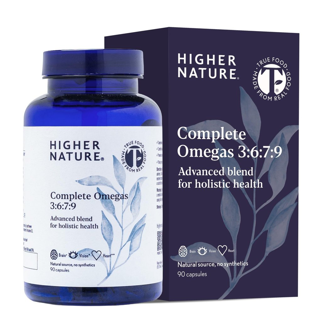 Higher Nature Complete Omegas 3:6:7:9 - True Food Formula - Fish Oils with Borage Oil & Virgin Olive Oil - Supports Vision, Brain Function & Cardio Health - Omega 3 6 7 9 Fatty Acids - 90 Capsules
