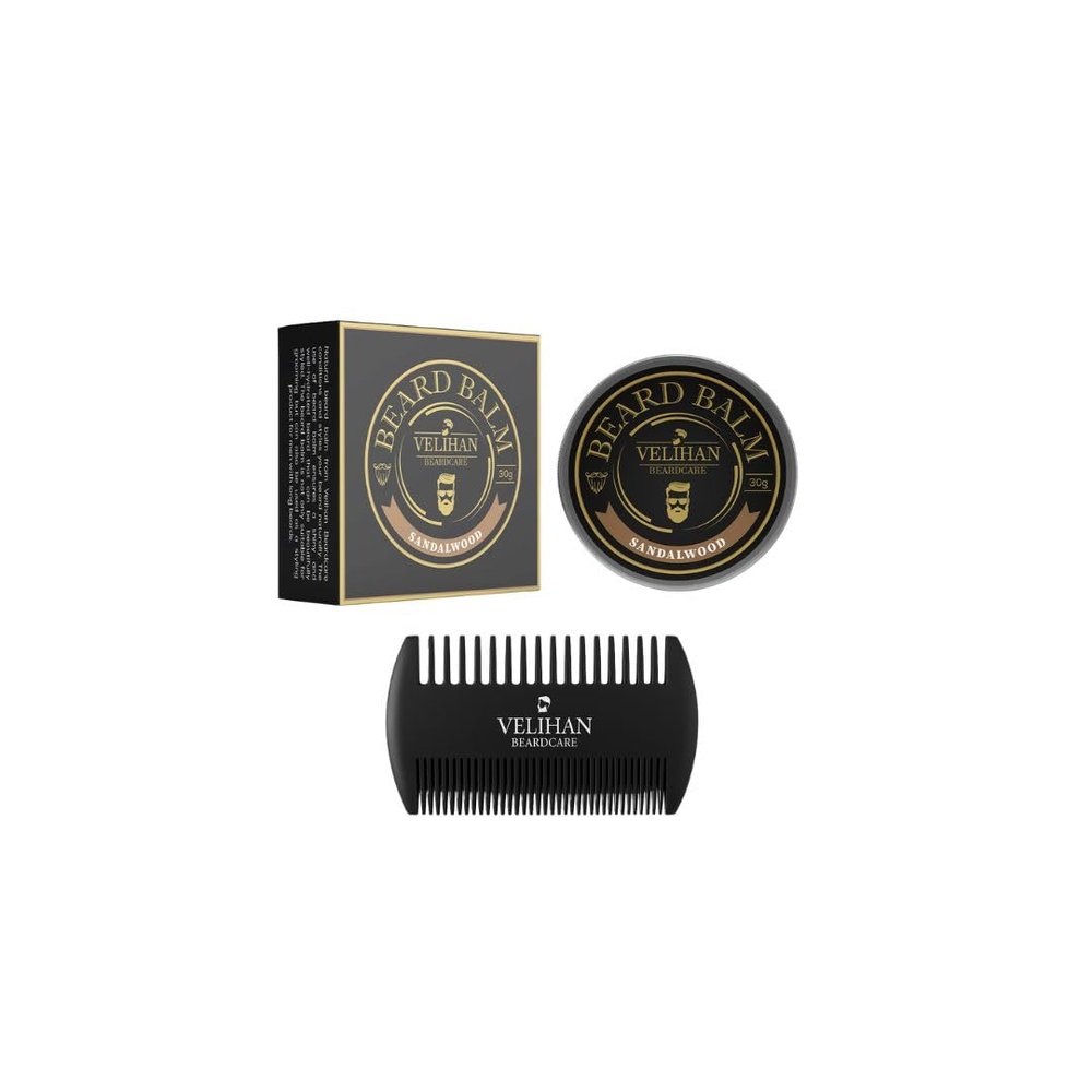 Velihan Beardcare - Beard Care Duo Pack - Beard Balm - Beard Comb - Beard Care set - Gift for him - Gift for boyfriend - Gift set men (30g, Sandalwood)