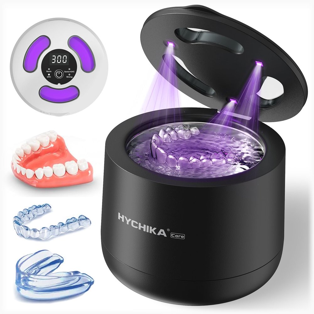 Ultrasonic Cleaning Device Tooth Splint with UV Sterilisation, 45 kHz High Frequency, 4 Modes UV Tooth Splint Cleaning, 200 ml Tooth Cleaning Container, Retainer, Night Splints, Aligner etc., Black