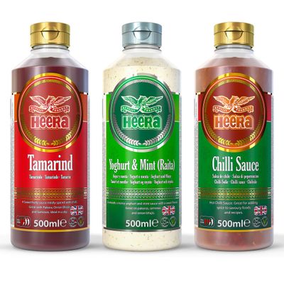 Heera Sauce Variety Pack, Tamarind, Chilli, Yoghurt Mint Raita, 500 ml Each, Pack of 3