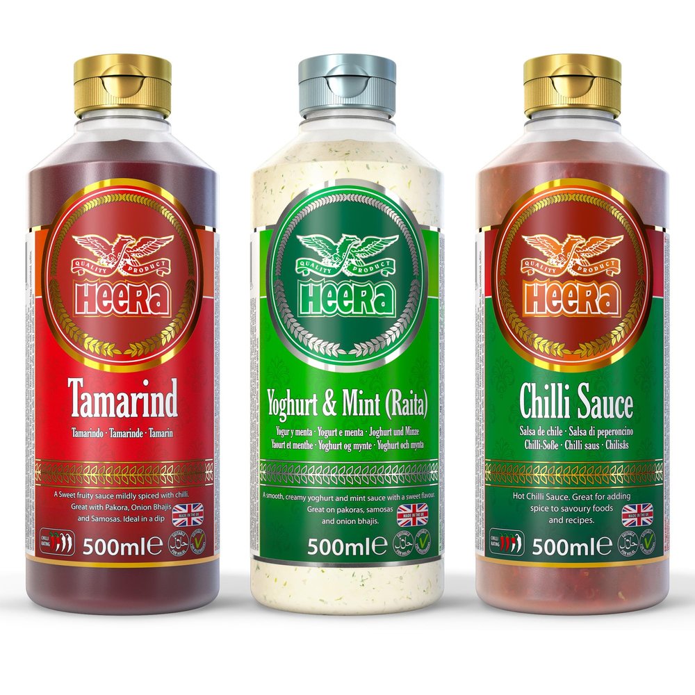 Heera Sauce Variety Pack, Tamarind, Chilli, Yoghurt Mint Raita, 500 ml Each, Pack of 3