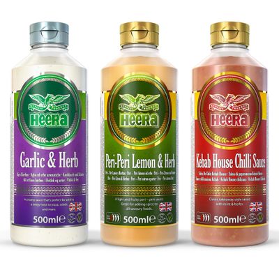 Heera Sauce Variety Pack, Garlic & Herb, Peri Peri Lemon, Kebab House Chilli, 500 ml, Pack of 3