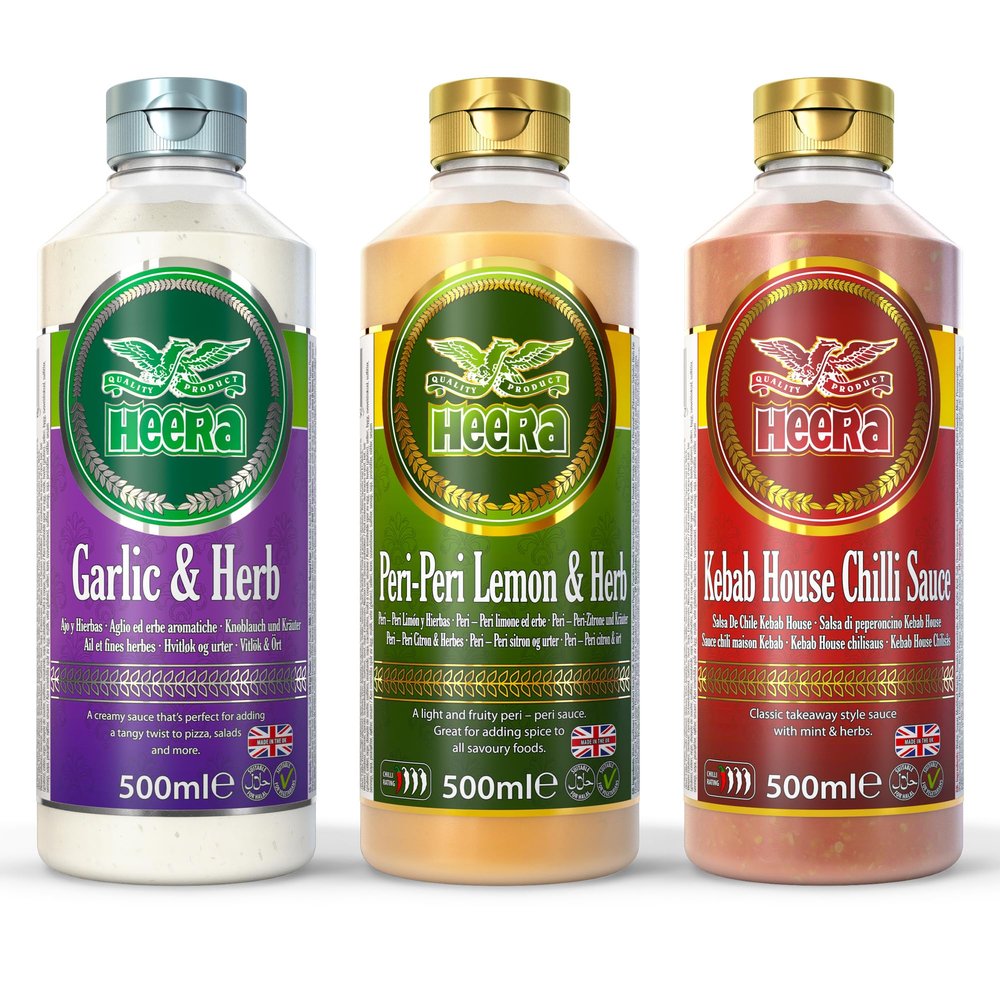 Heera Sauce Variety Pack, Garlic & Herb, Peri Peri Lemon, Kebab House Chilli, 500 ml, Pack of 3