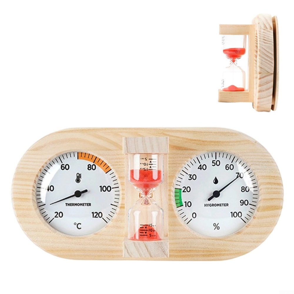 HavenDomicile Elegant Wooden Sauna Thermometer Hygrometer, With 15-Minute Sand Timer, For Durable Pine Wood Construction For Sauna, Bathroom, Caf Or Room Climate Monitoring(Red)