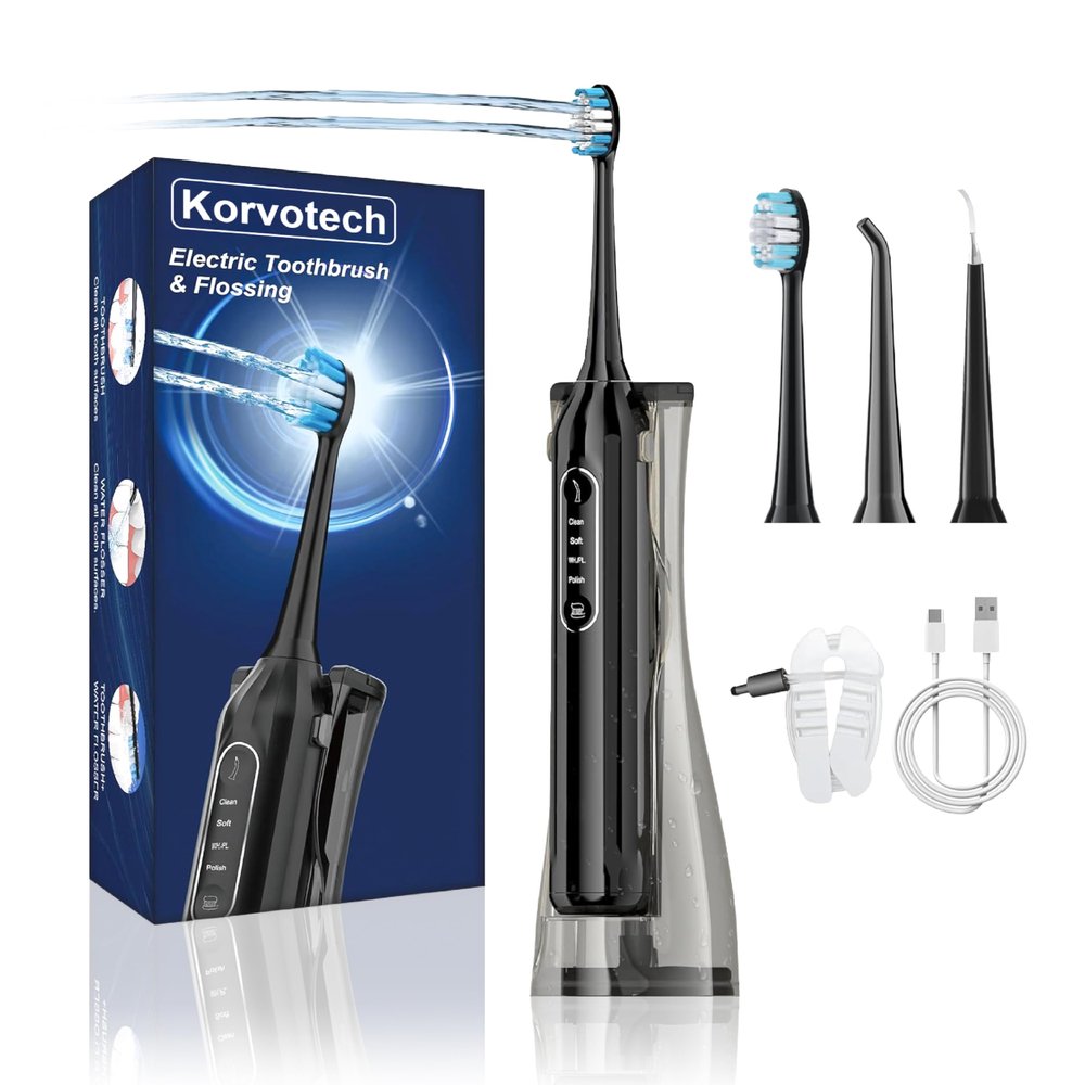 KORVOTECH Electric Toothbrush with Water Flosser 3-in-1 Sonic Toothbrush, Oral Irrigator & Plaque Remover Combo, Rechargeable, IPX7 Waterproof