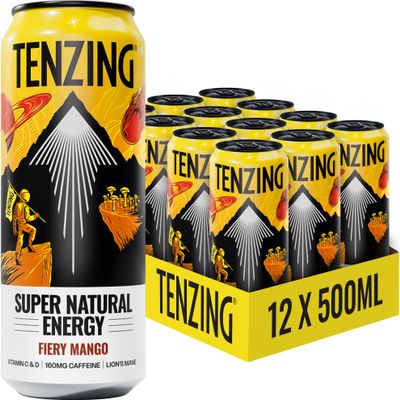 TENZING Super Natural Energy Drink, Fiery Mango, 160MG Caffeine, Vitamin D, Magnesium, Mushrooms, Plant Based, Vegan, & Gluten Free, 500ml (Pack of 12)