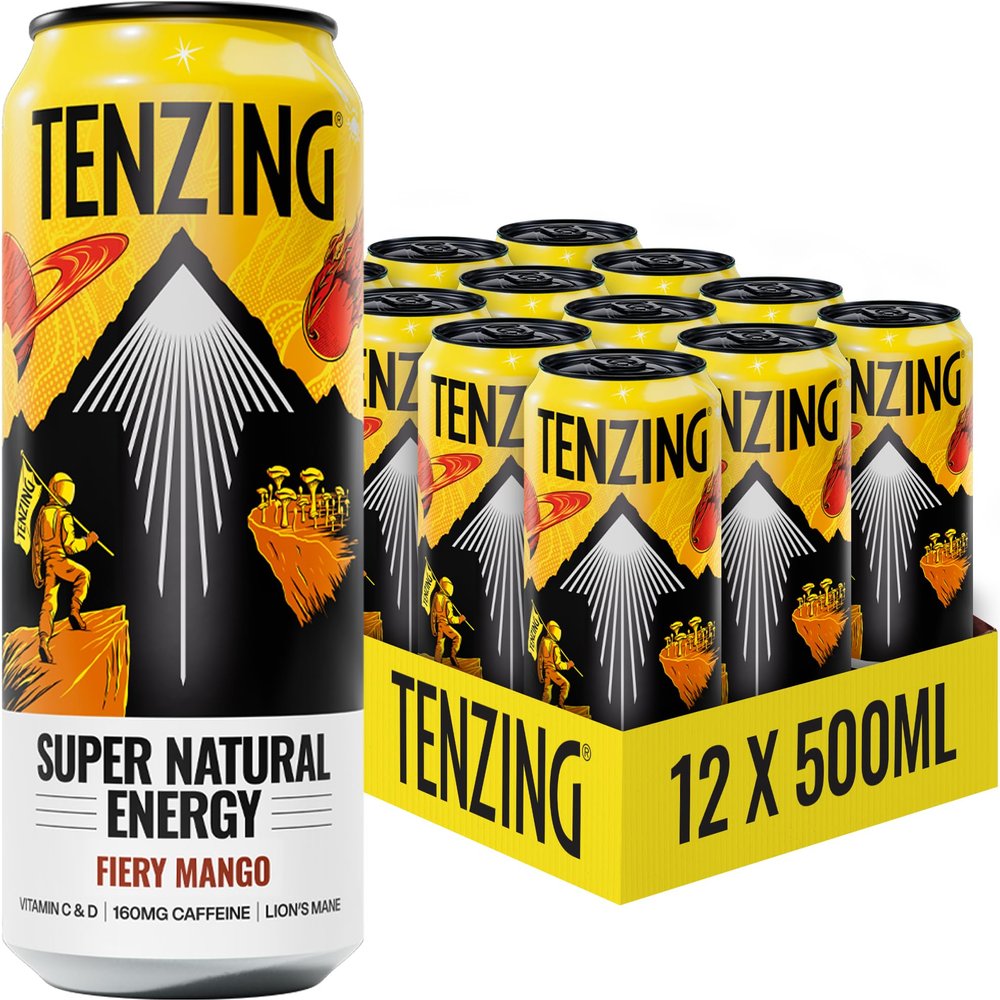TENZING Super Natural Energy Drink, Fiery Mango, 160MG Caffeine, Vitamin D, Magnesium, Mushrooms, Plant Based, Vegan, & Gluten Free, 500ml (Pack of 12)