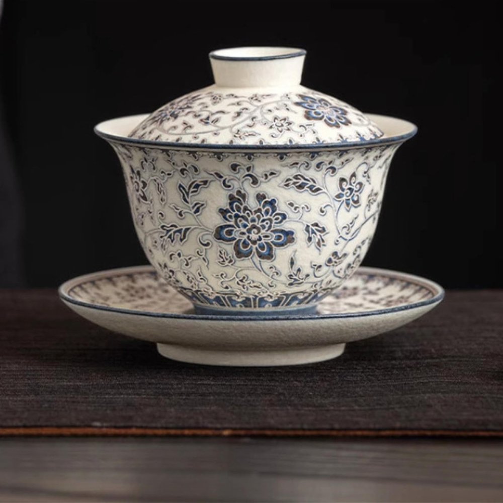 LEEDJUINE Ceramics Gaiwan Tea Set Gift Box Set, 180ml 6.5oz, Patterned Drink Tea Tasting Tea Bowl