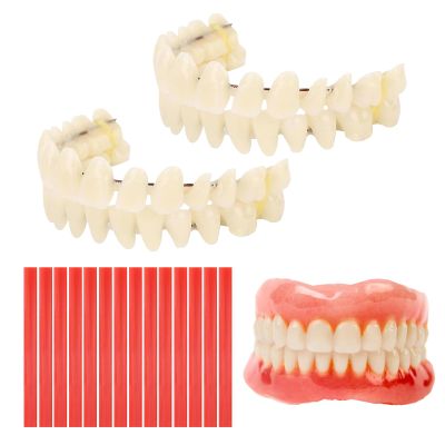 2 PCS Denture Repair Kit Moldable False Teeth Top and Bottom with 14PCS Red Wax Tablets DIY Resin Denture Kit for Men and Women with Bad Teeth to Repair Missing Teeth Teaching Mold